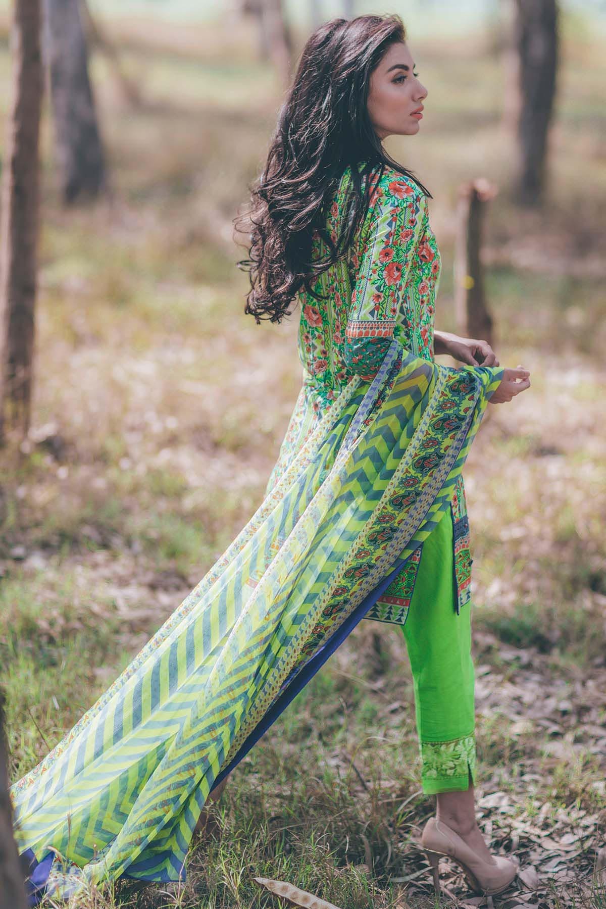 This beautiful Ready to Wear 3 Piece Prestige Green Chiffon Pakistani dress online by Alkaram Studio Festival Spring Summer Eid Collection 2017 #ilovepret