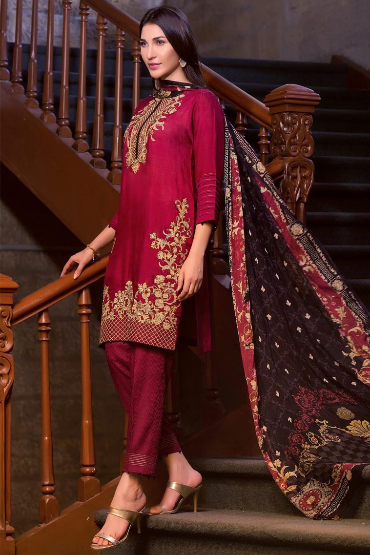 Buy this semi formally luxury Maroon Pakistani prêt wear Ready to Wear Unstitched 3 Piece Pakistani Dress by Zeen Cambridge Eid Collection 2017 online shopping - Pakistan Pret Wear