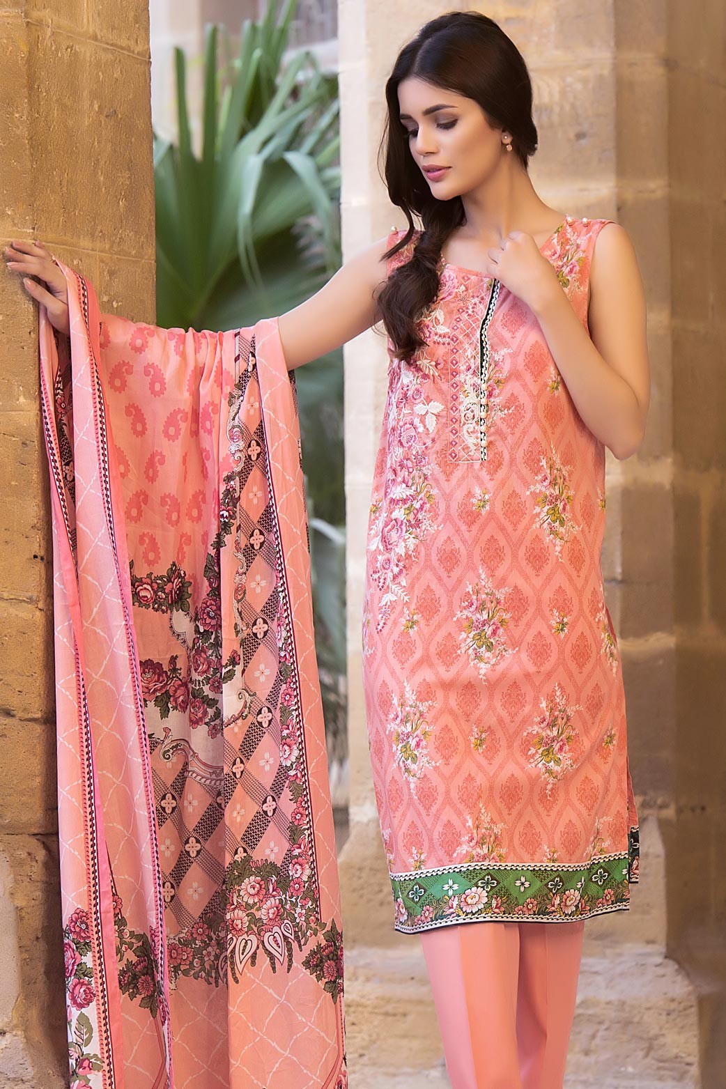 Zeen Embroidered Unstitched Salmon Color Pakistani Lawn Suit – Online