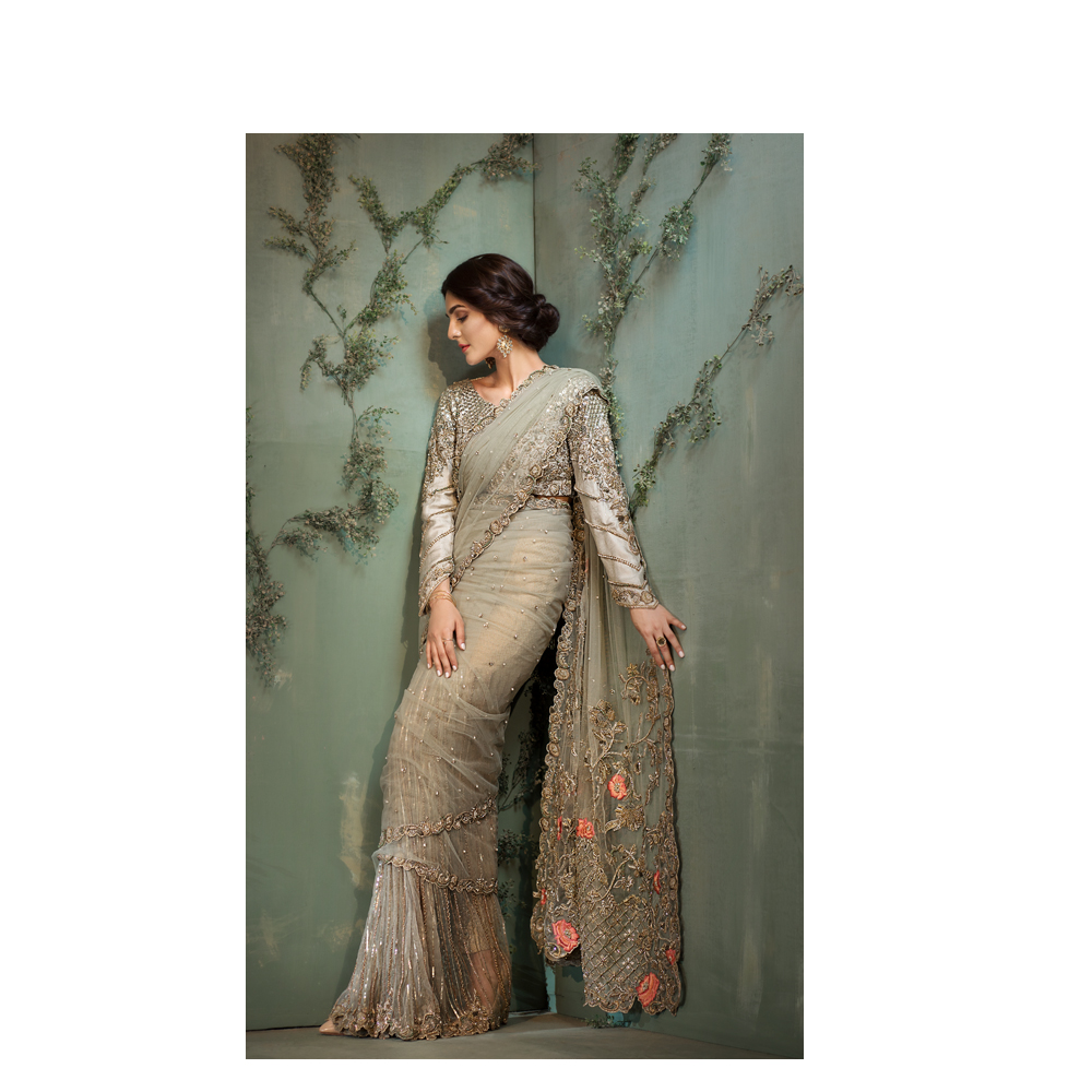 Beautiful Green Formal Wear Silk & Net Pakistani Ready to Wear Pret Dresses Online Saree  By Native Winter Collection 2019 Shopping