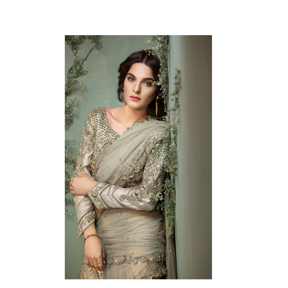 Beautiful Green Formal Wear Silk & Net Pakistani Ready to Wear Pret Dresses Online Saree  By Native Winter Collection 2019 Shopping