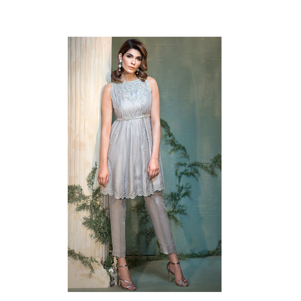 2 Piece Silver Net Pakistani Ready to Wear Pret Dress Online Native Luxury Collection 2019
