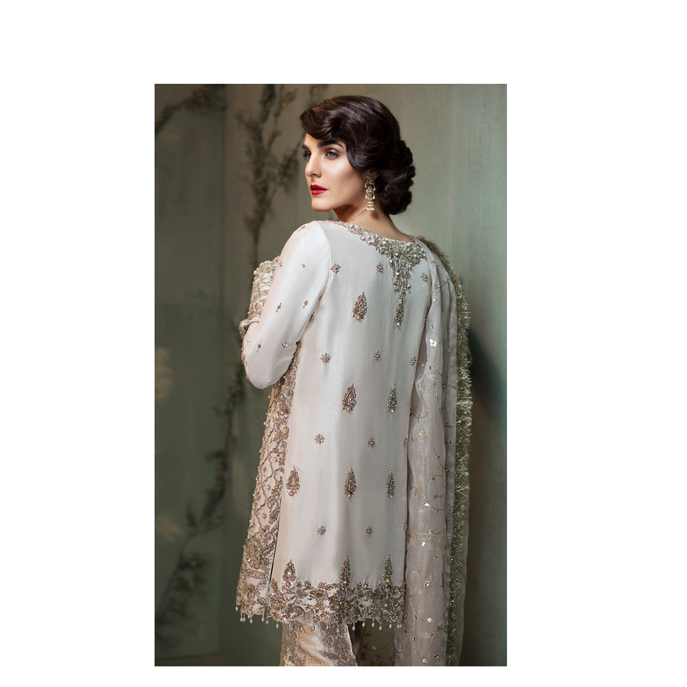 Beautiful silver Formal Wear Silk & Organza Pakistani Ready to Wear Pret Dresses Online By Native Winter Collection 2019