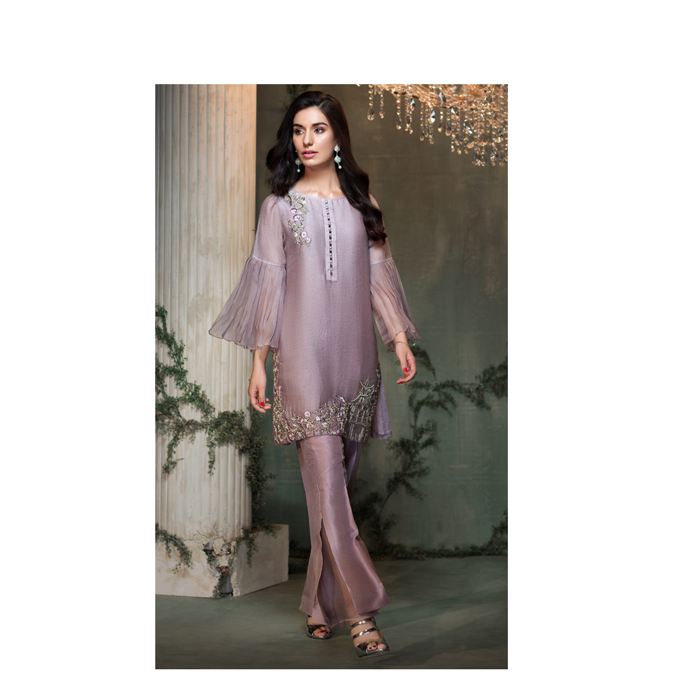 Pakistani net embroidered dress with motifs in skin color  Nameera by  Farooq
