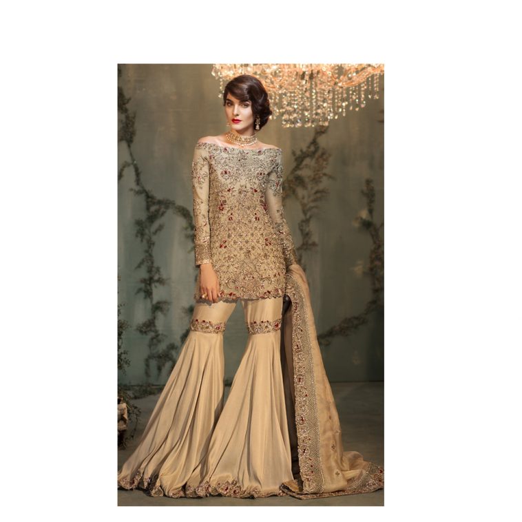GOLD AND GARNET Pakistani designer bridal dress in gold, ruby and ivory combination to buy online by native.pk formal and bridal wear collection 2017.