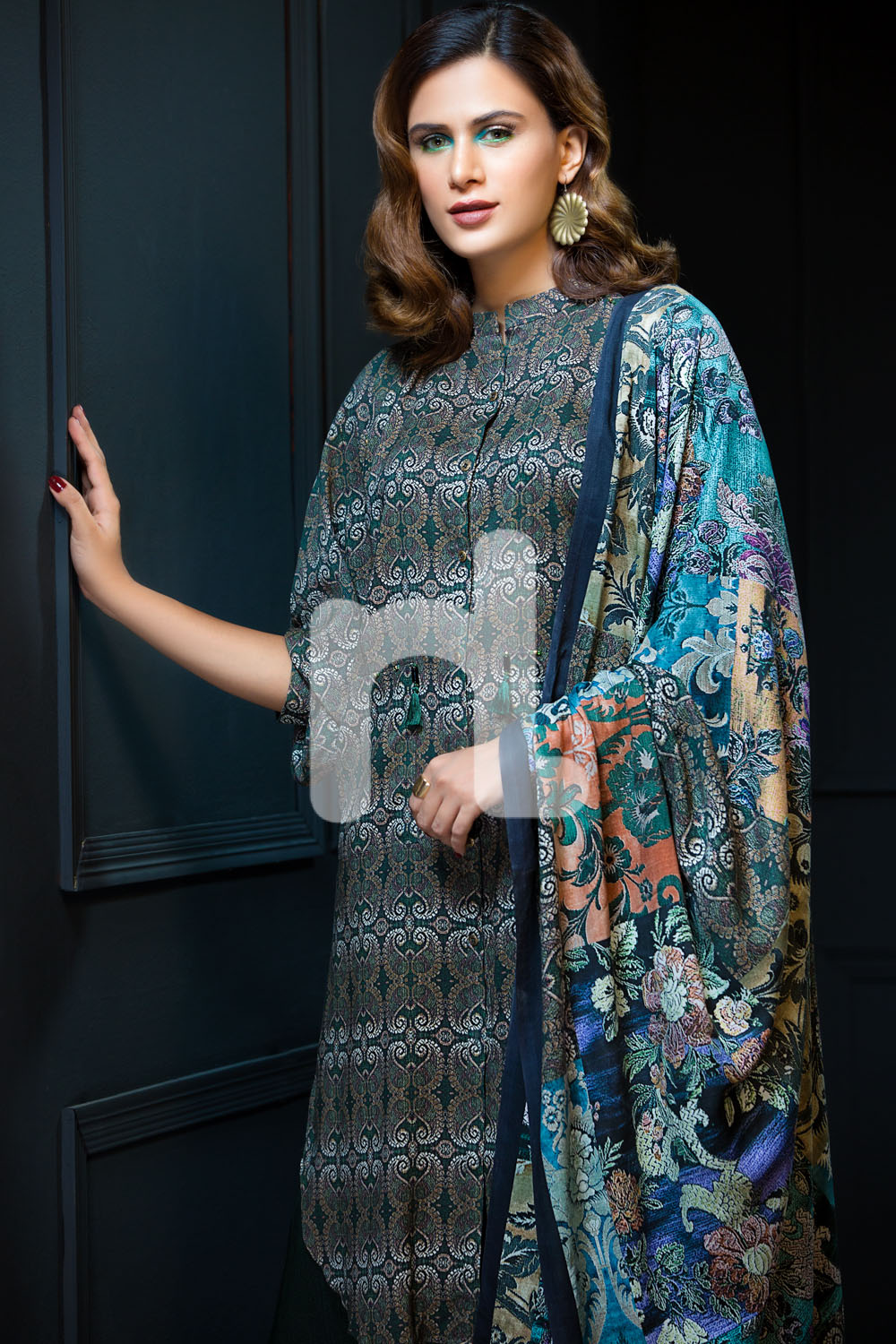 Green Printed Unstitched 3 Piece Linen Pakistani Dress On A Discount Price For Shopping Online By Nishat Linen Winter Collection 2019