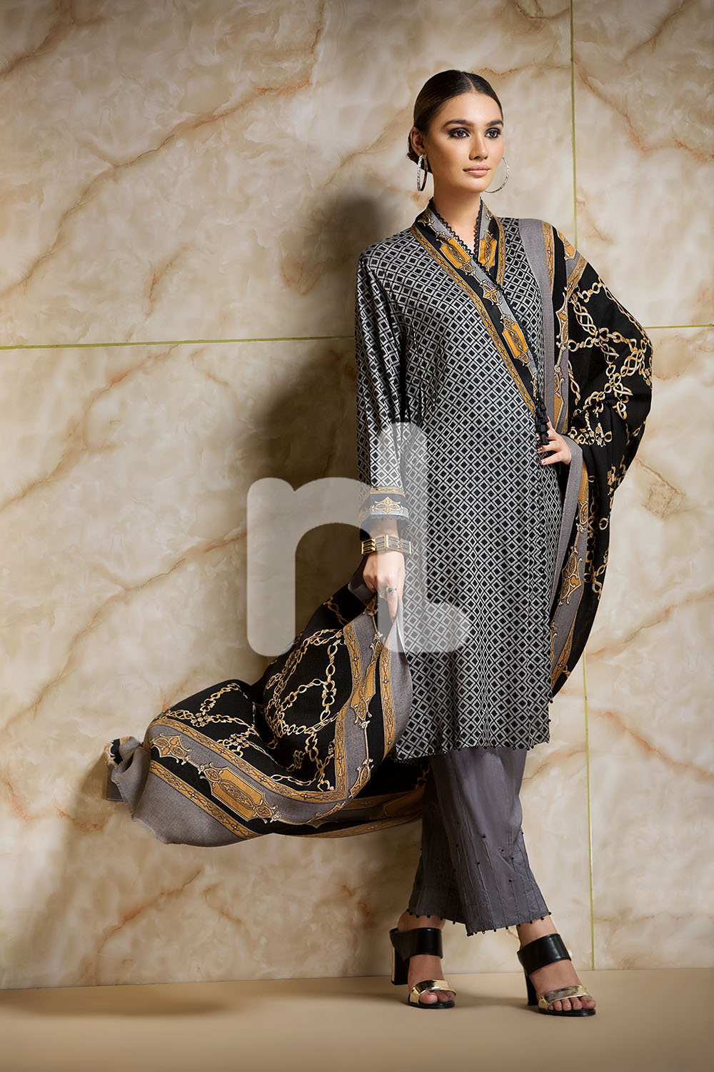 Grey Color 3 Piece Unstitched Pakistani Pret Wear Available For Shopping Online On Discount Rate At Sale By Nishat Linen Winter Collection 2019