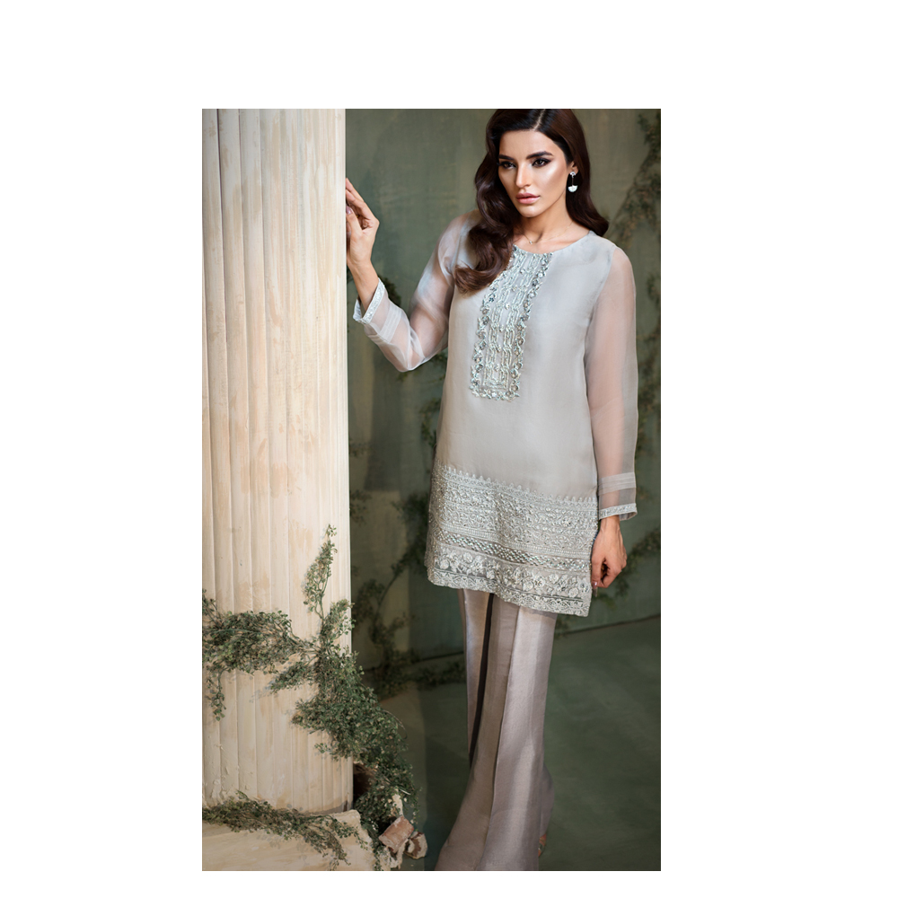 Lilt 2 Piece Grey Organza Fabric Pakistani Ready to Wear Pret Dresses Online By Native.pk Winter Collection 2019