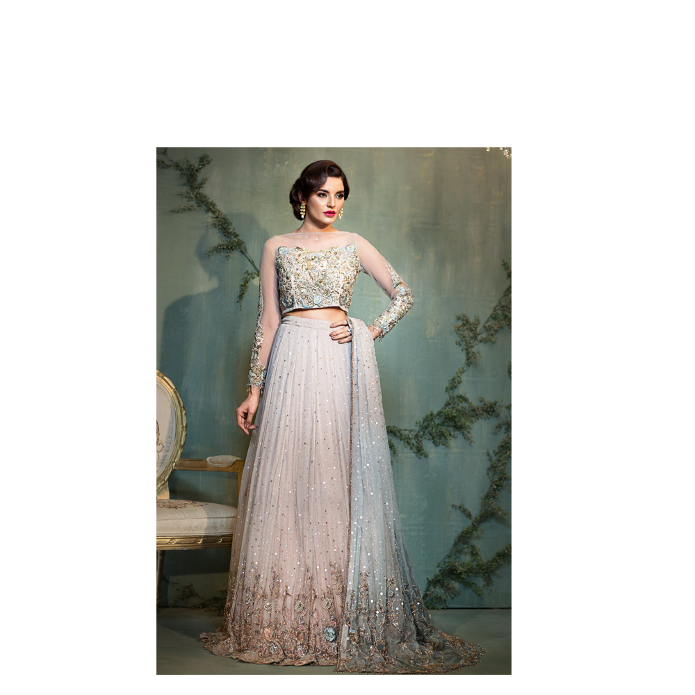 Ombre Bridal Wear With Blend Of Sky Blue And Skin Pakistani Ready to Wear Pret Dresses Online By Native.Pk Formal And Bridal Wear Collection 2019