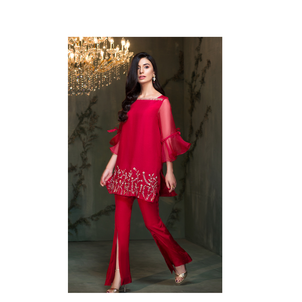 REQUIEM Red Organza Fabric Pakistani Ready to Wear Pret Dresses Online by Native.pk Winter Collection 2019