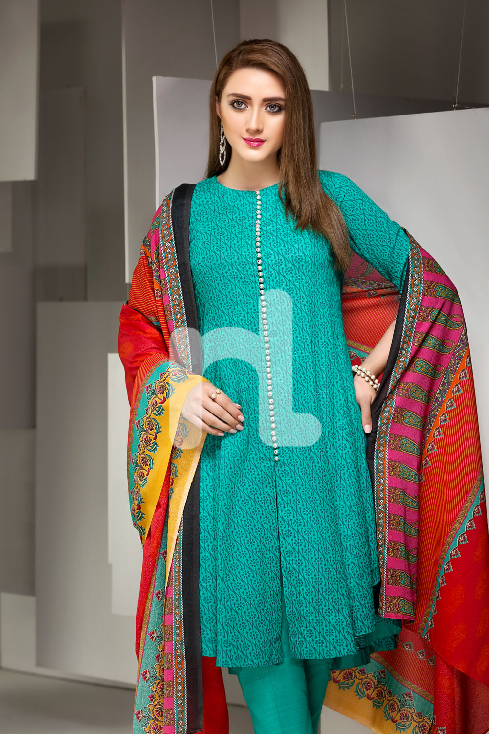 Unstitched 3 Piece Aqua Color Khaddar Pakistani Dress On Sale To Buy Online By Nishat Linen Winter Collection 2019 At A Discount Price.