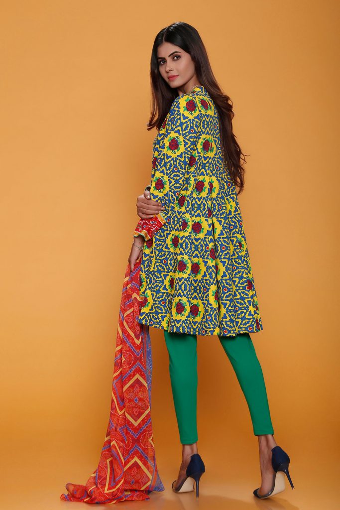 2 piece khaddar printed dress in yellow available by Rang Ja pret wear collection 2018 Online