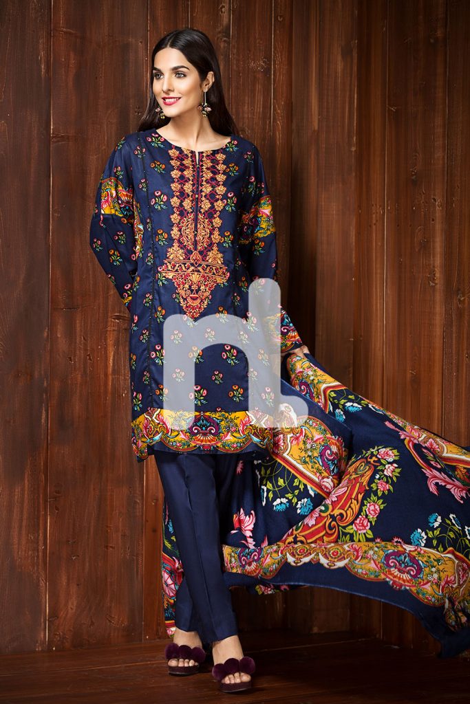 Unstitched 3 Piece Aqua Color Khaddar Pakistani Dress On Sale To Buy Online By Nishat Linen