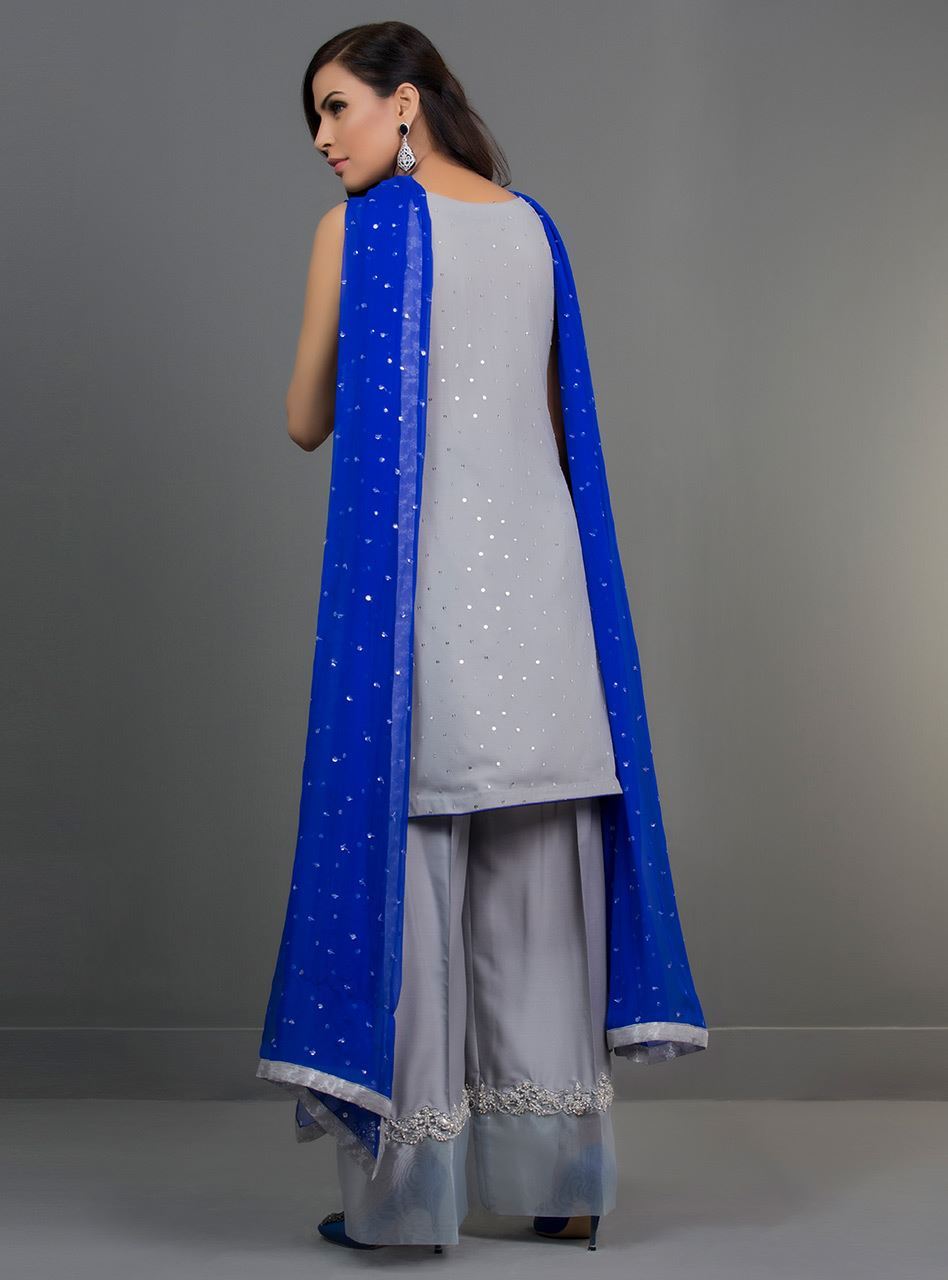 Heavy work silver color pret wear dress by Zainab Chottani’s Fancy wear collection 2019