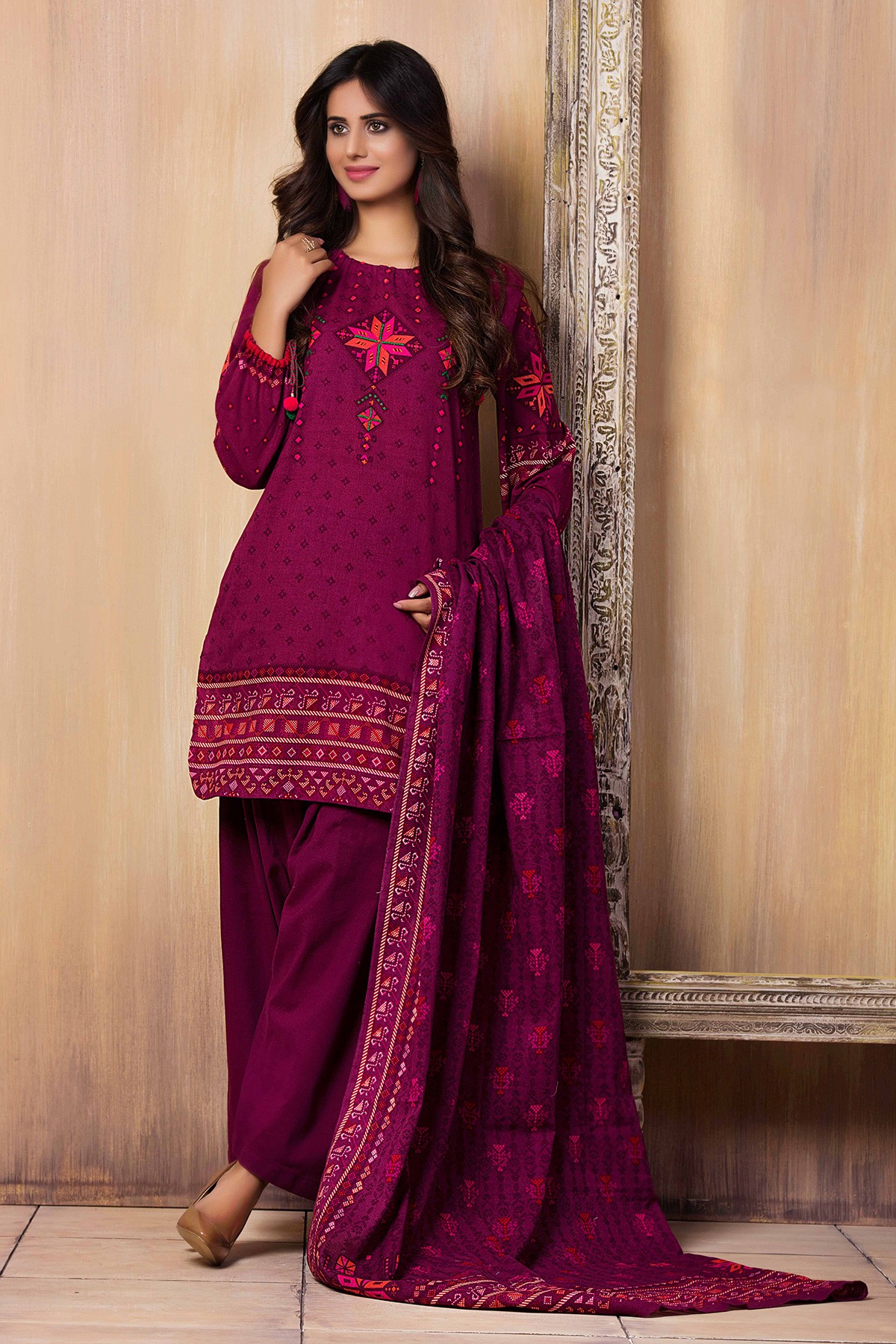 Maroon unstitched khaddar pret wear by Kayseria Winter Collection 2018
