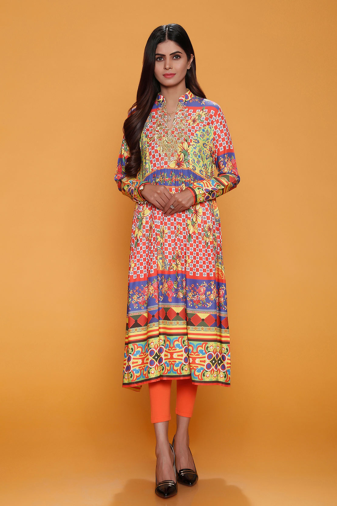 Multi-color ready to wear frock by Rang Ja winter collection 2019 available online