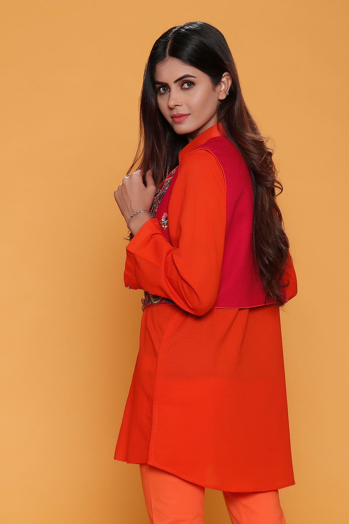 Orange 2 piece koti pret wear outfit available online by Rang Ja casual collection 2018