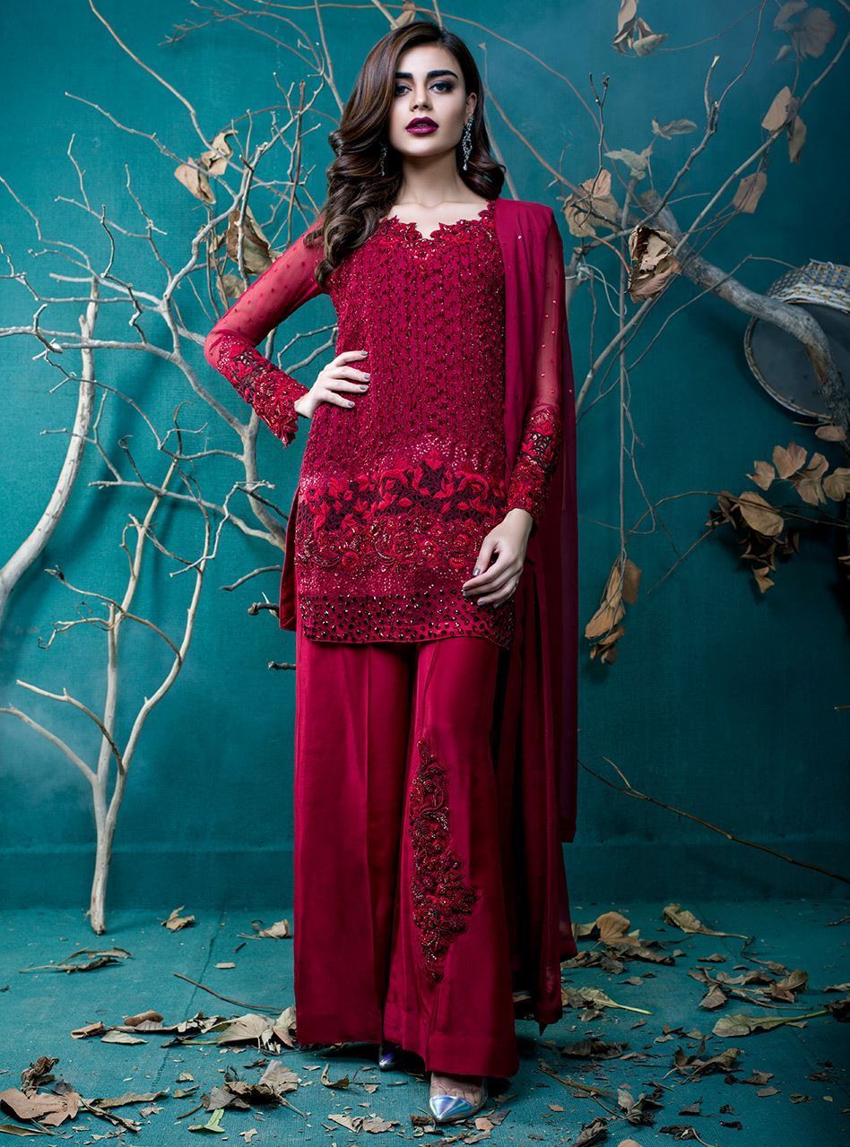 Red color light work 3 piece ready to wear dress by Zainab Chottani’s formal wear collection 2019