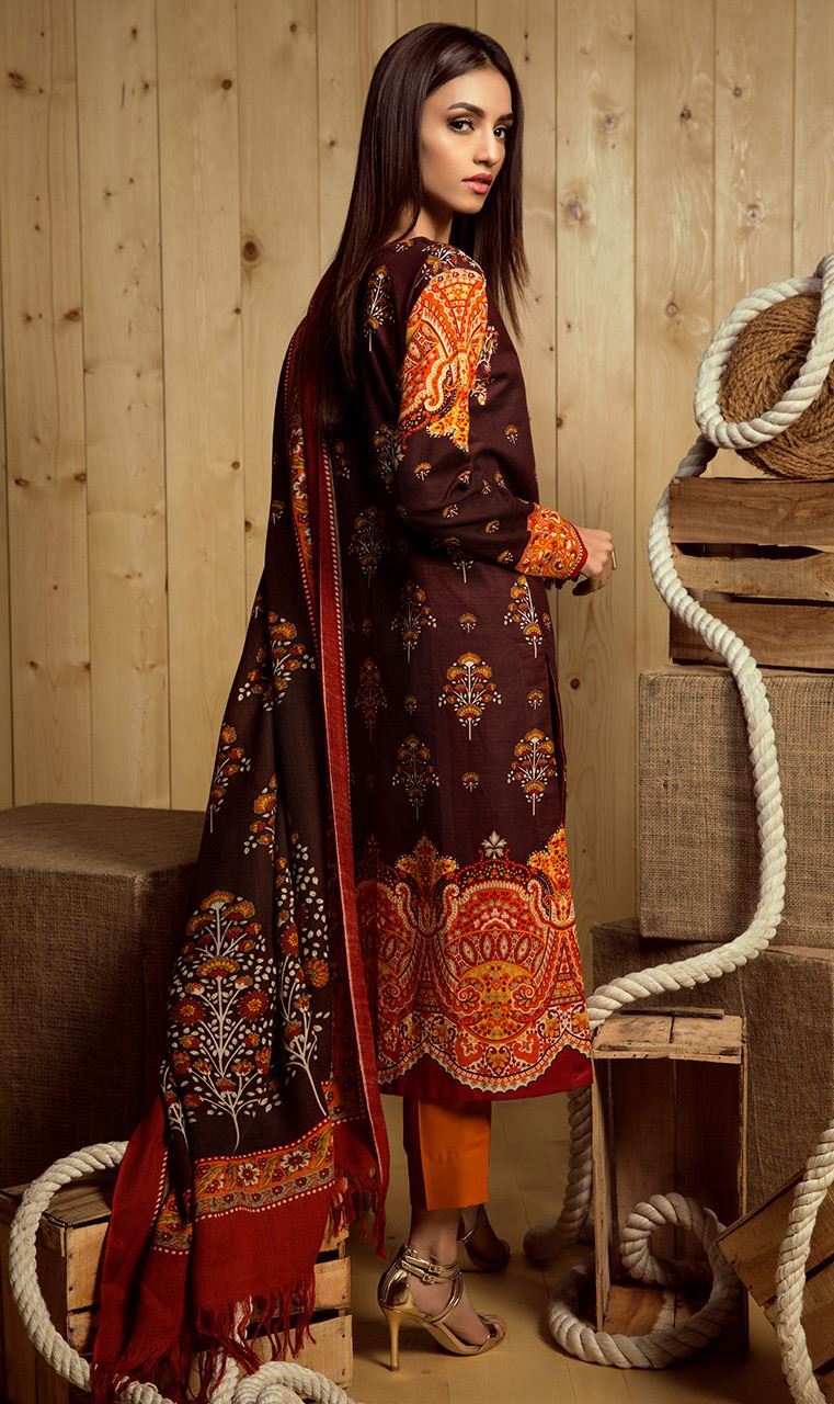  Unstitched 3 Piece Pakistani brown Khaddar Dress By Orient Textile Mills Collection 2018 
