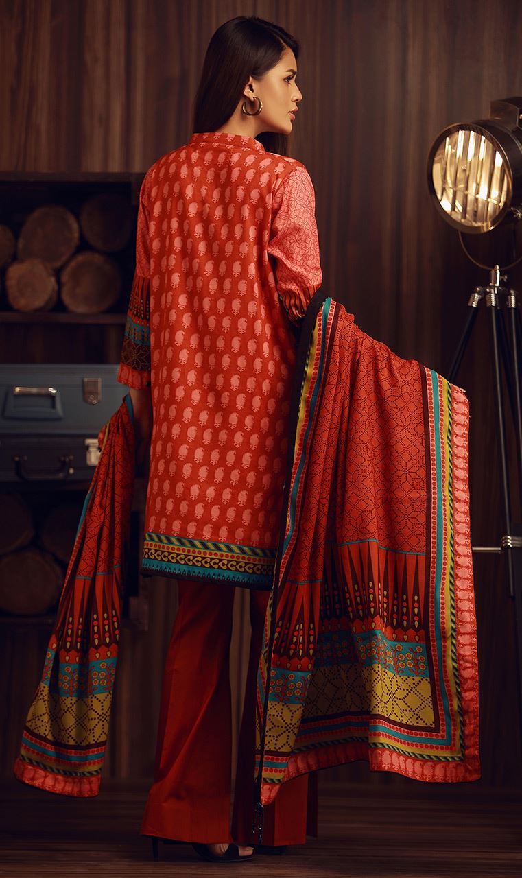 Unstitched orange 3 Piece Pakistani pret wear Dress By Orient Textile Pret collection 2019