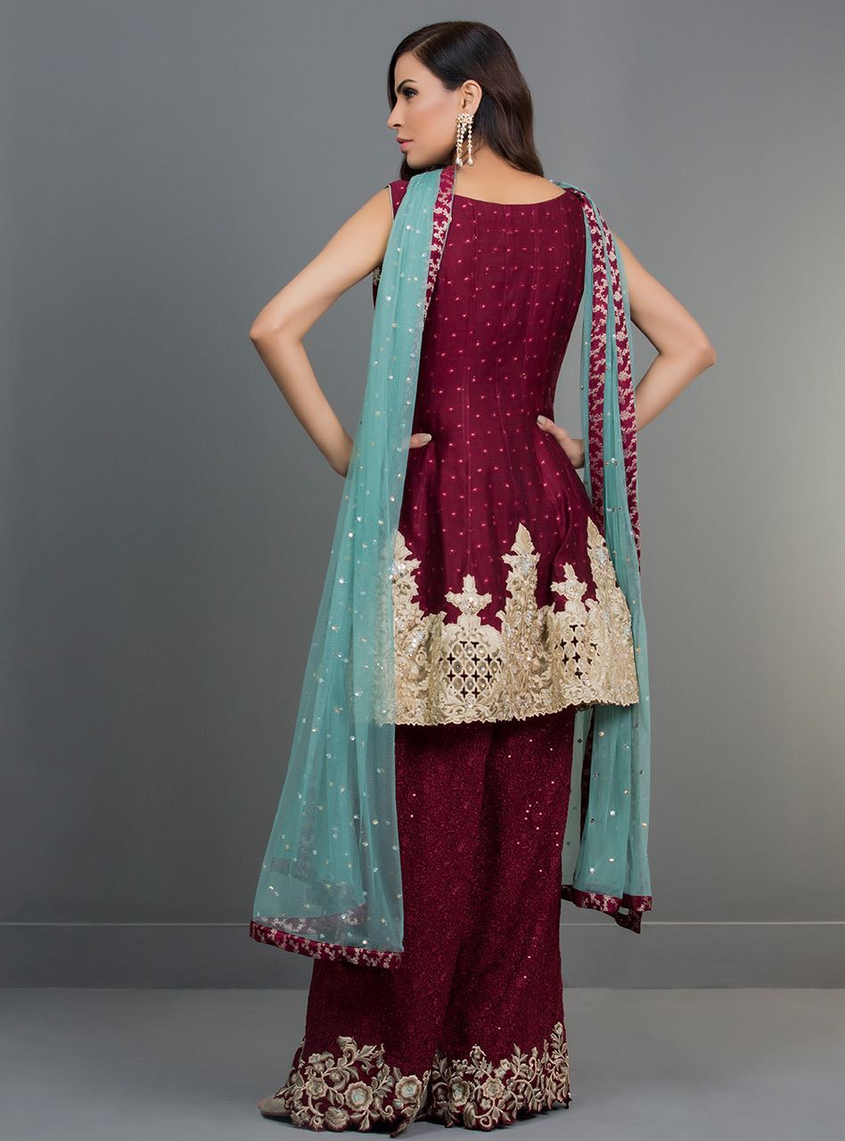 Vibrant wine red color part wear dress by Zainab Chottani luxury pret collection 2019