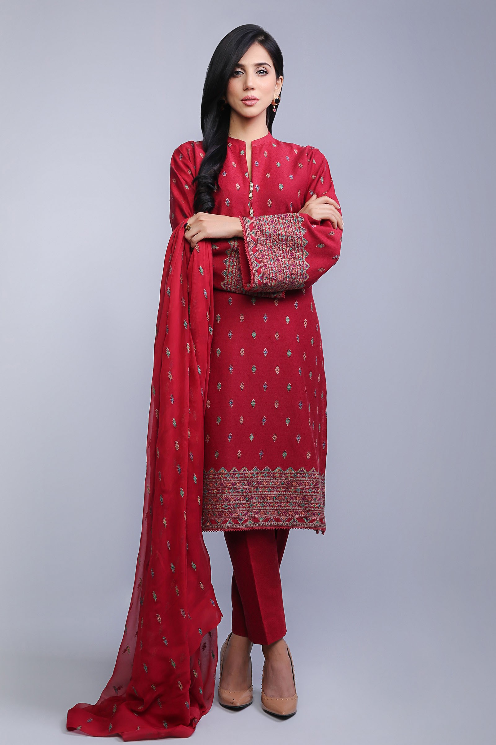 Pakistani AJRAK 3pc linen embroidered shalwar suit winter collection for women