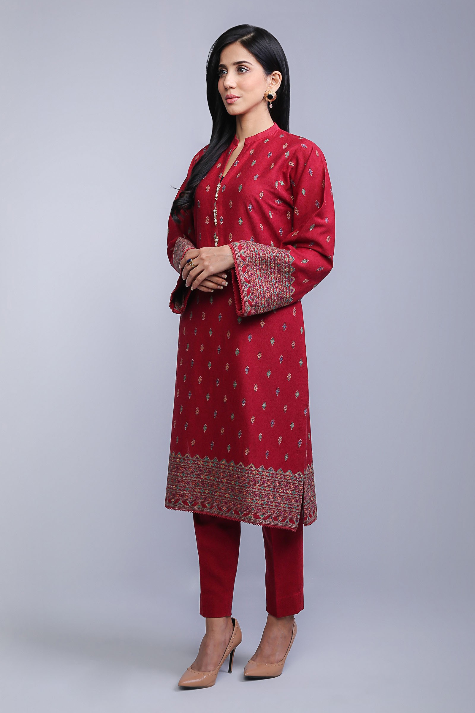 Ravishing red cotton karandi 3 piece stitched dress by Bareeze semi formal collection 2018Ravishing red cotton karandi 3 piece stitched dress by Bareeze semi formal collection 2019