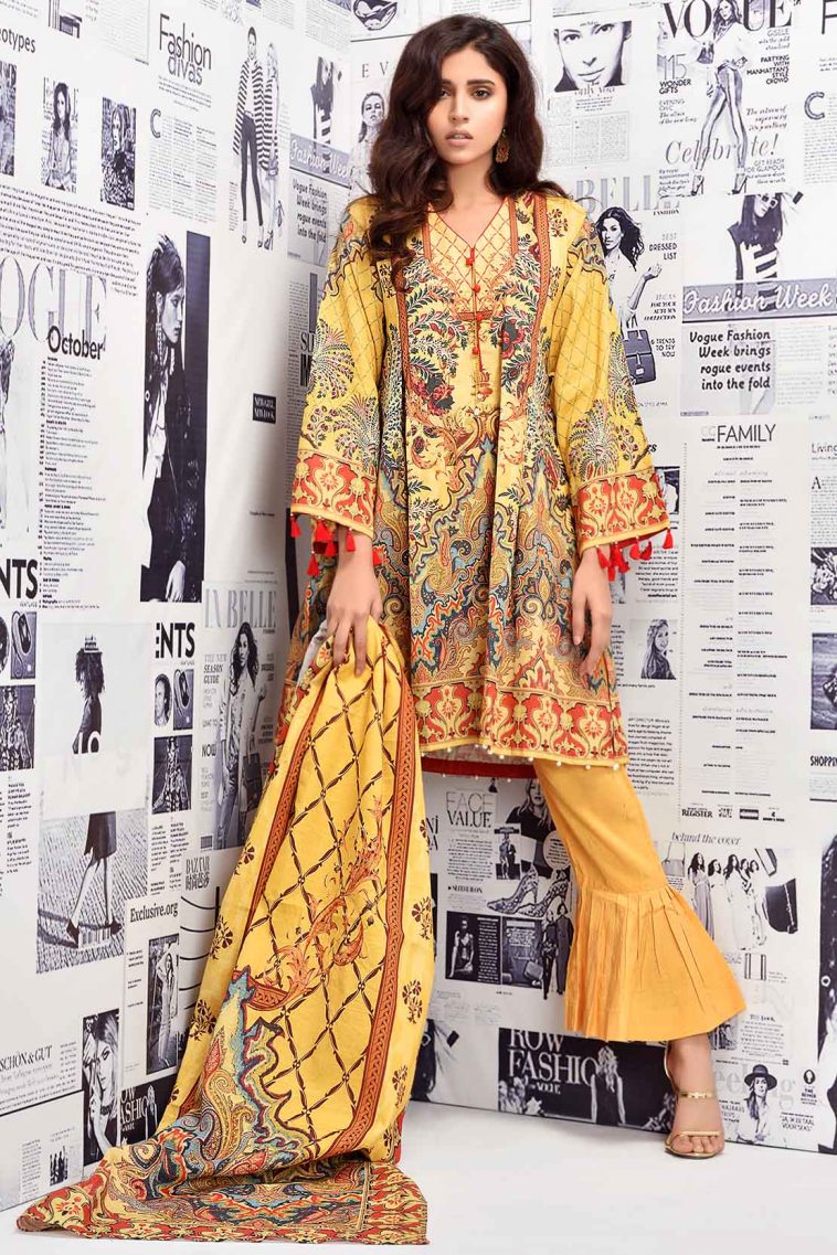 Yellow 3 piece unstitched pret wear dress by Warda Winter Collection 2018