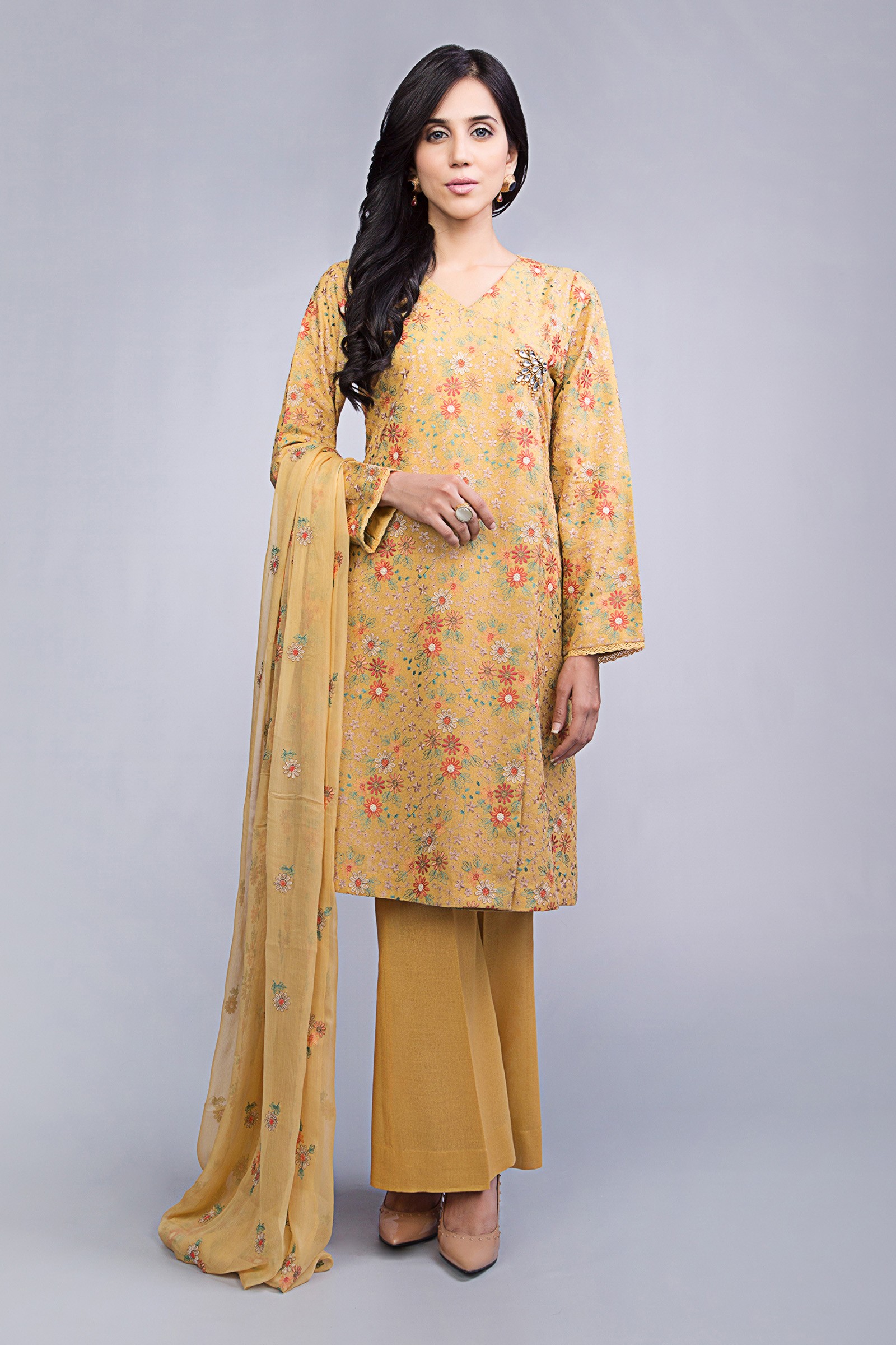 Yellow floral embroidered pret wear 3 piece dress by Bareeze online 2019