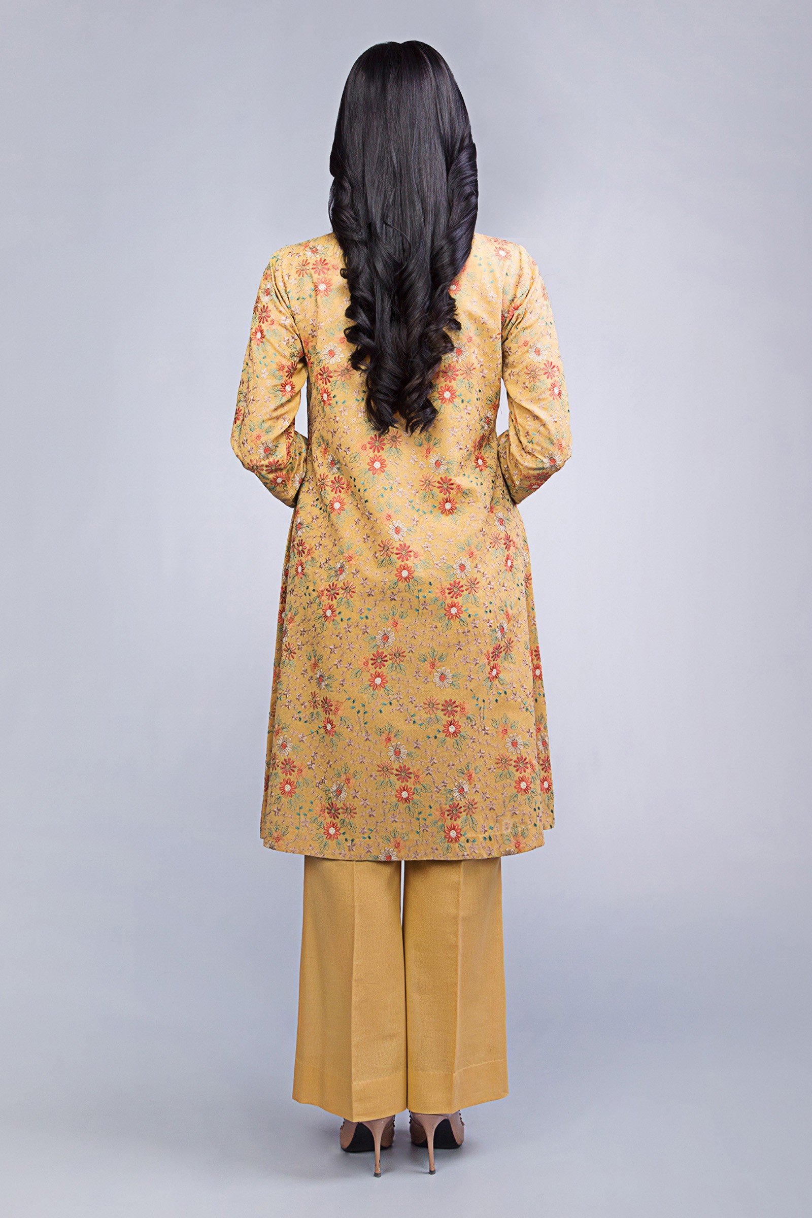 Yellow floral embroidered pret wear 3 piece dress by Bareeze online 2019