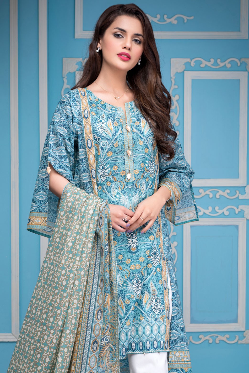 A graceful unstitched lawn dress by Zeen cambridge lawn collection 2019 in cadet blue color to make your day refreshing and happy