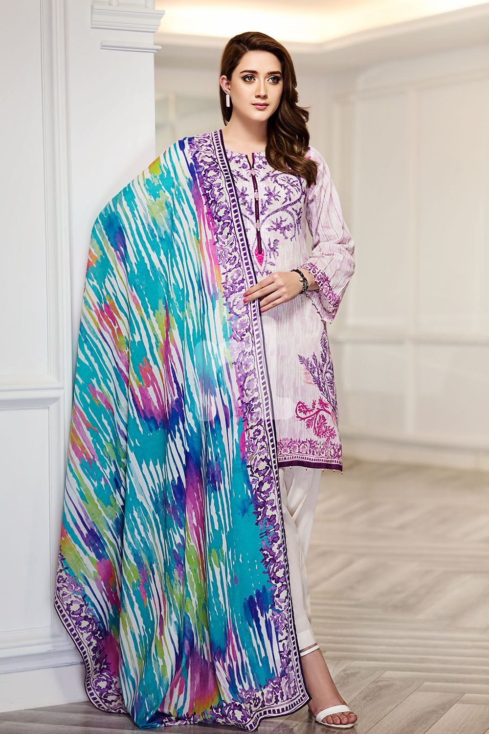 Elegant purple colored two piece unstitched lawn dress by Nishat Linen clothes 2019