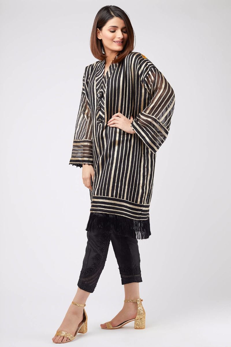 Stylish black striped stitched pret kurti by khaadi embroidered collection 2019