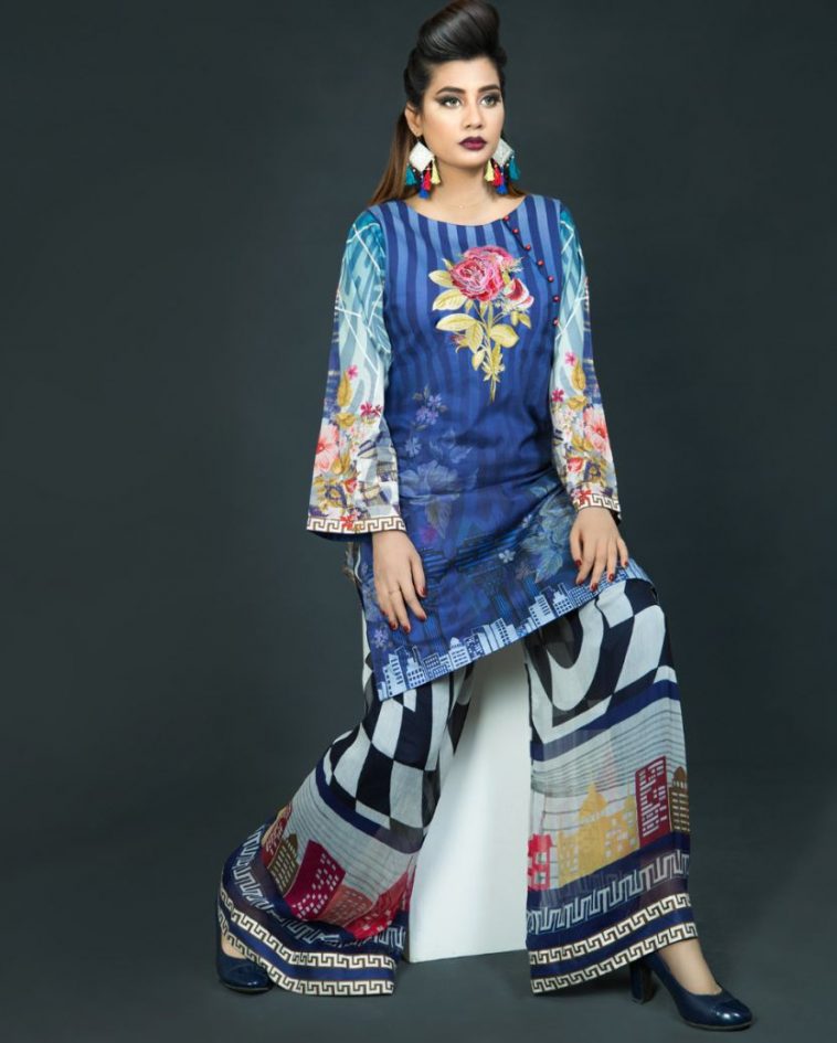 Beautiful blue stitched 3 piece pret wear Nimsay ready to wear collection 2019