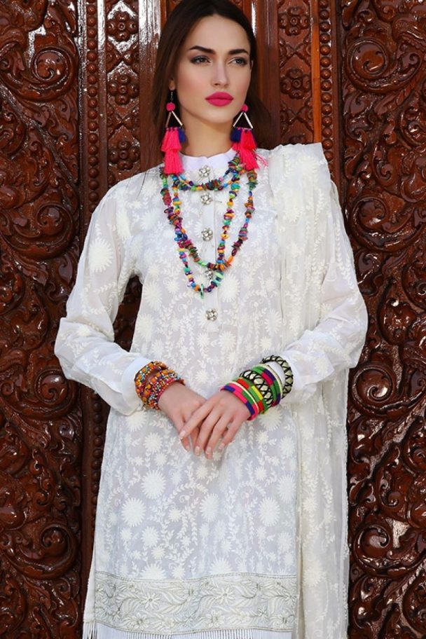 Beautiful pearl white embroidered unstitched Pakistani pret wear by ...