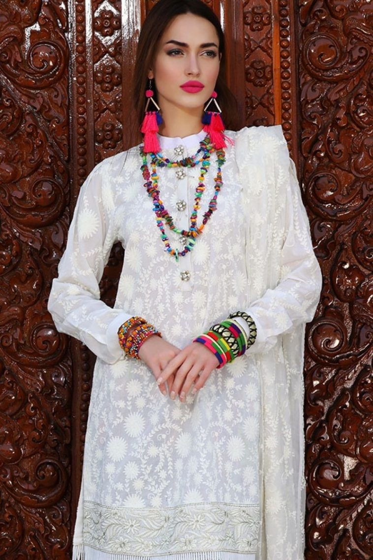 Beautiful pearl white embroidered unstitched Pakistani pret wear by Motifz casual collection 2018