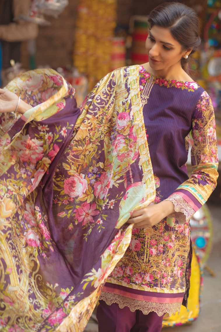 Beautiful purple three piece unstitched dress by Fridous Printed prets 2018