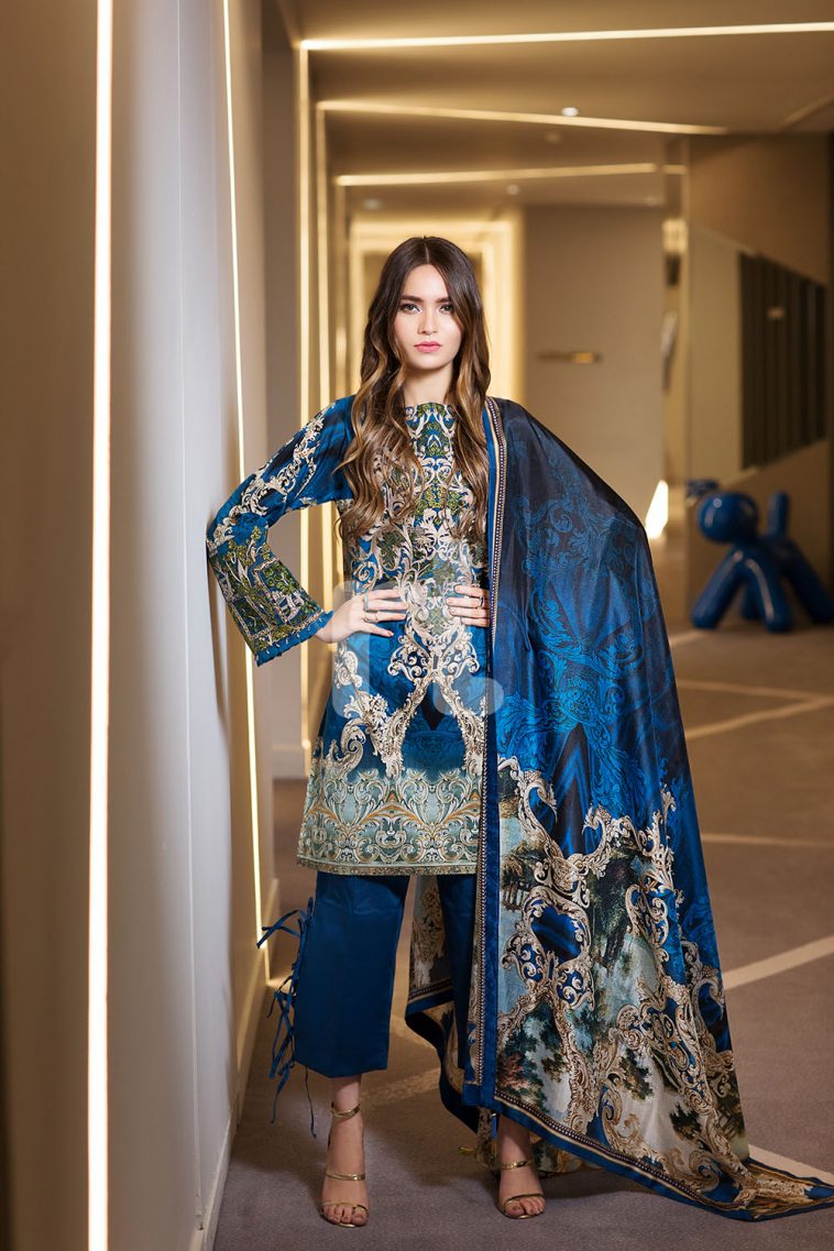 Bold and classy blue colored three piece unstitched lawn dress by Nishat Linen embroidered clothes 2018