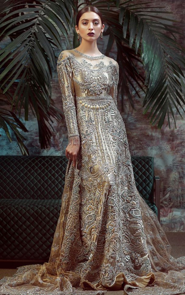 Moon dust champagne color beaded Pakistani bridal dress available ...