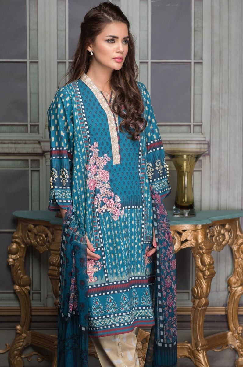Digital printed blue stitched pret wear by zeen women online embroidered collection 2019
