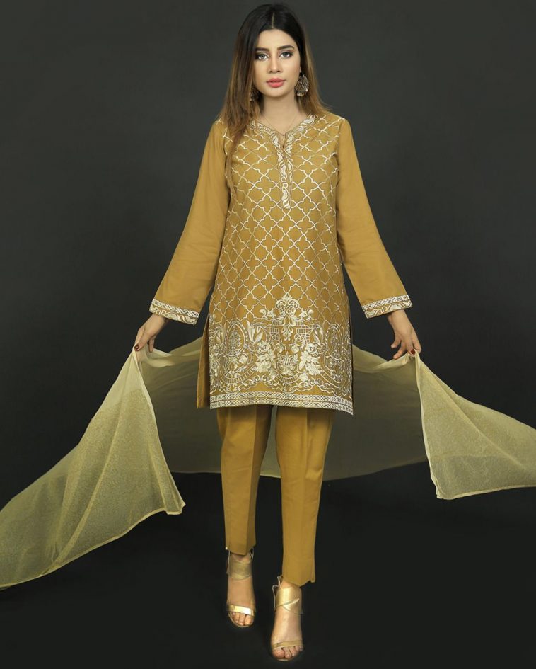Elegant brown embroidered unstitched Pakistani pret dress by Nimsay unstitched collection 2019