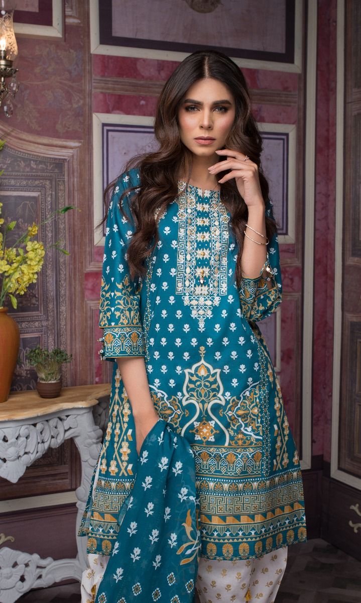 Embroidered blue 3 piece ready to wear dress by zeen women embroidered clothes collection 2019