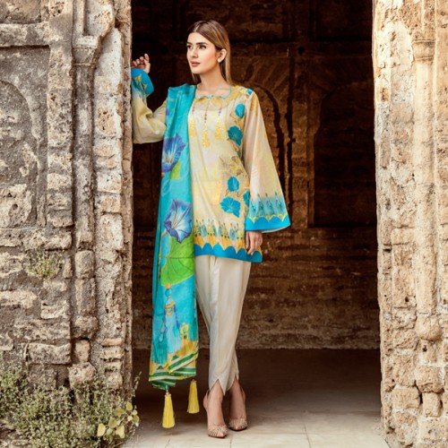 Ferozi unstitched 3 piece digital printed shirt by Panache spring collection 2019