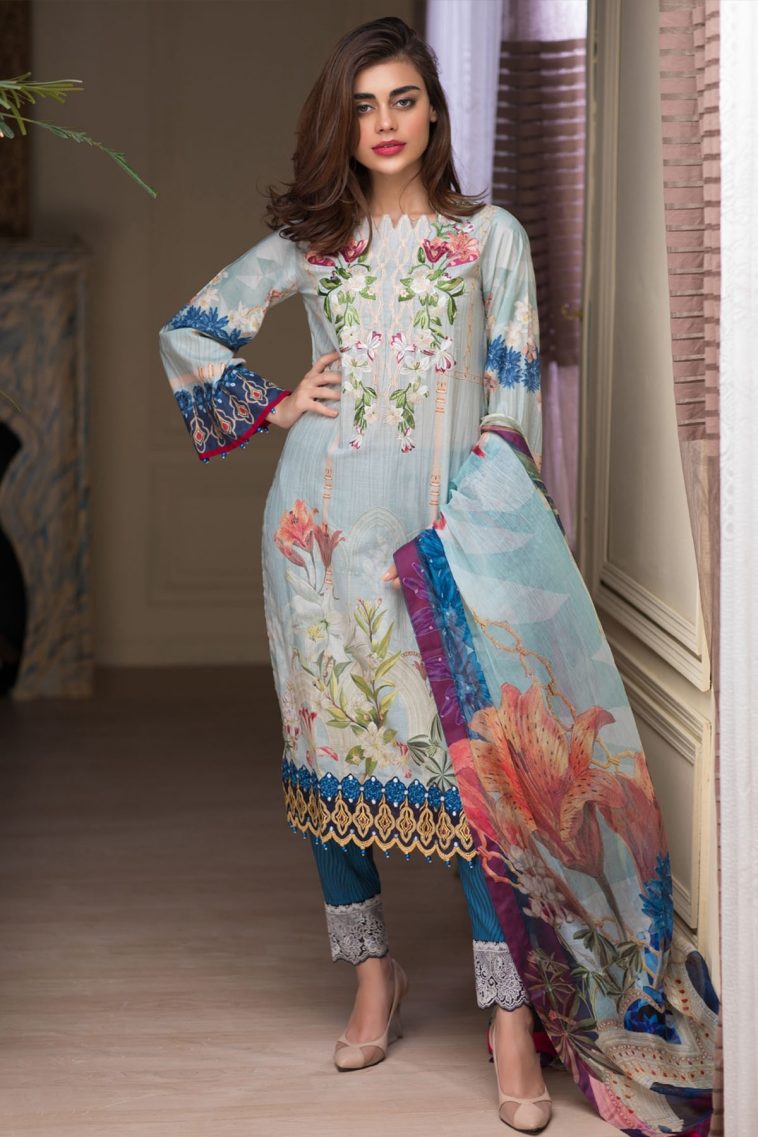 Get this ravishing Printed Pakistani unstitched dress at a best price by Firdous Malhar Exclusive 2018
