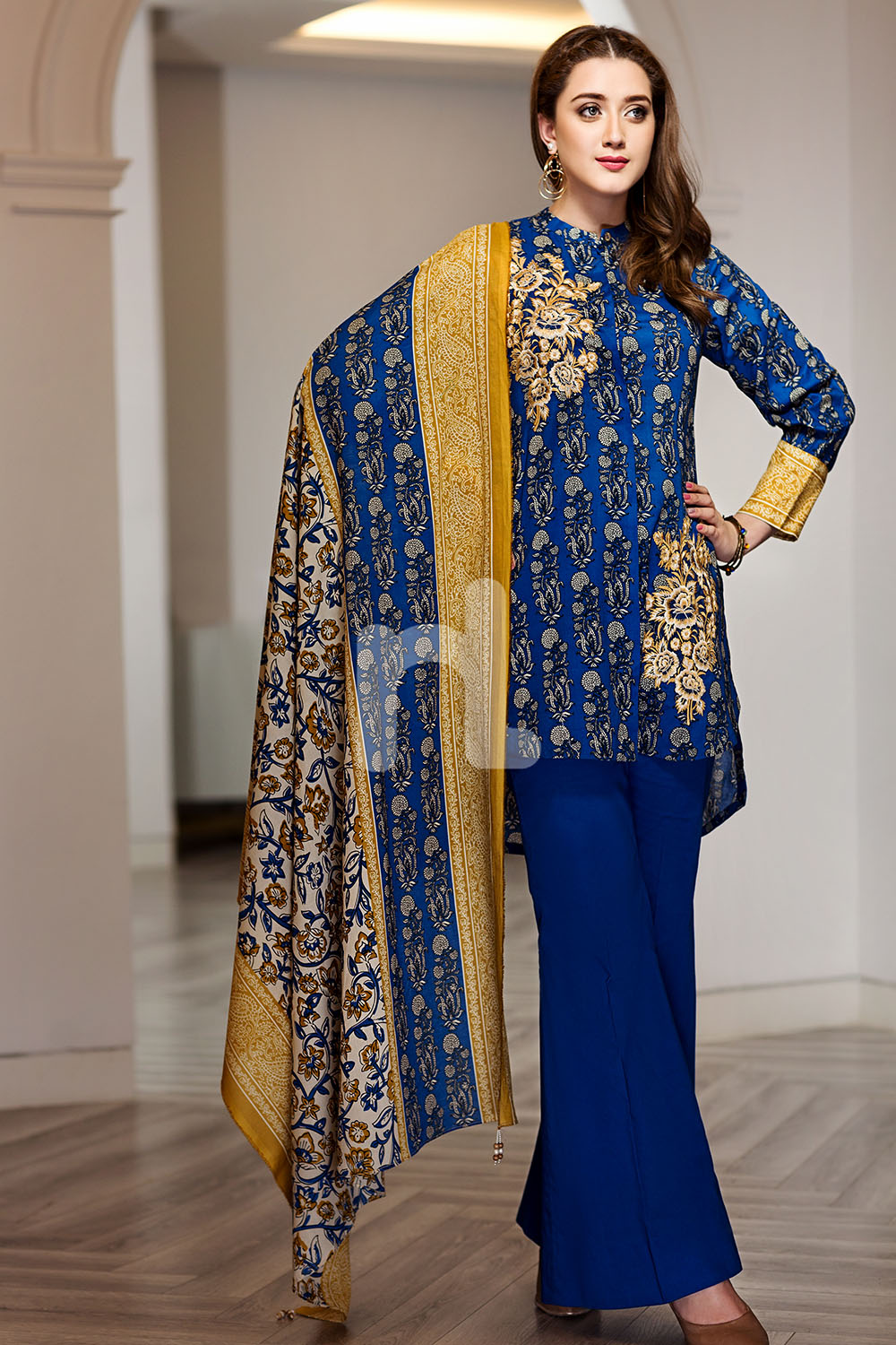 Graceful Pakistani embroidered Blue 2 piece unstitched pret by Nishat Linen new collection 2018