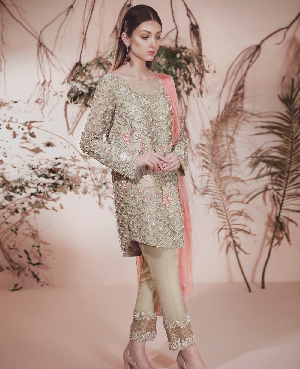 Peach symphony 3 piece ready to wear Pakistani formal dress by Republic semi formal collection 2019