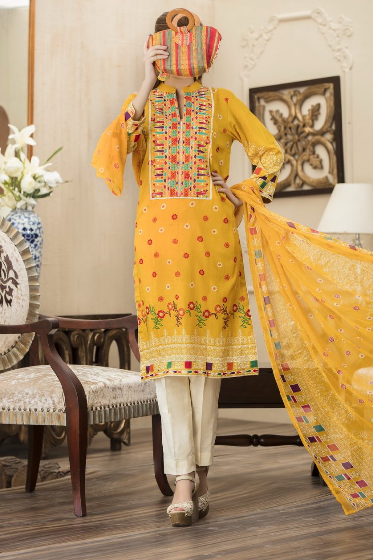 Refreshing Yellow unstitched Pakistani pret dress by Aiman Fahad Embroidered Chiffon Collection 2018