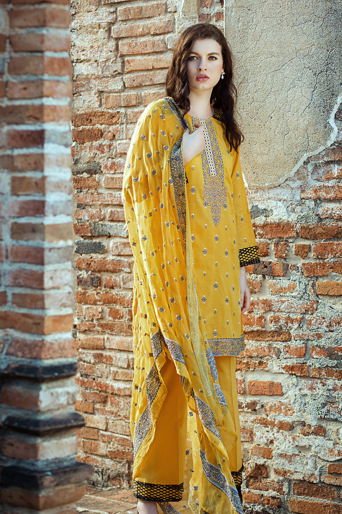 Refreshing Yellow unstitched Pakistani pret dress by Taana Baana embroidered spring collection 2019