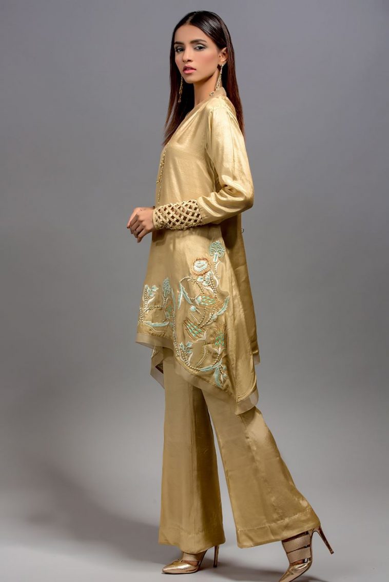 Silk affair golden ready to wear pret dress by Deepak Perwani organza collection 2018