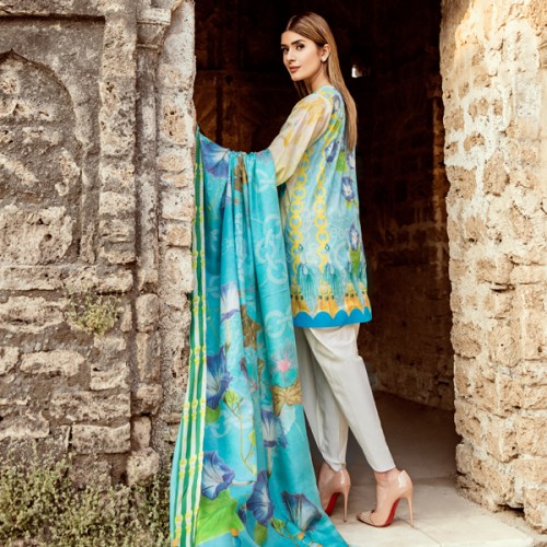This beautiful digital printed Ferozi lawn 3 piece dresses available at a reasonably good price online by Panache spring collection 2019